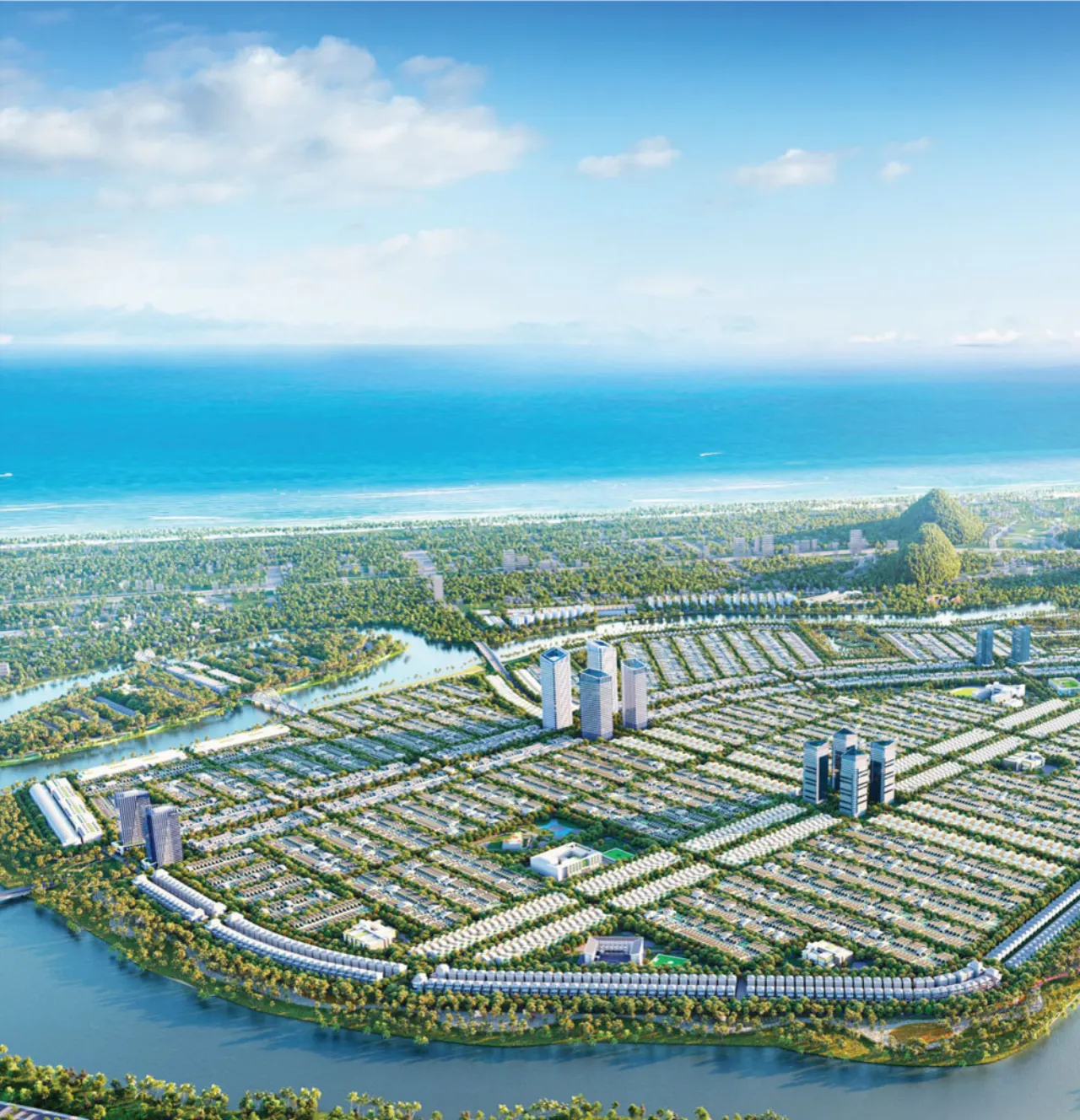 Phối cảnh tổng thể Sun NeO City ven sông Cẩm Lệ, khu vực cầu Nguyễn Tri Phương kết nối Hòa Xuân với trung tâm Đà Nẵng